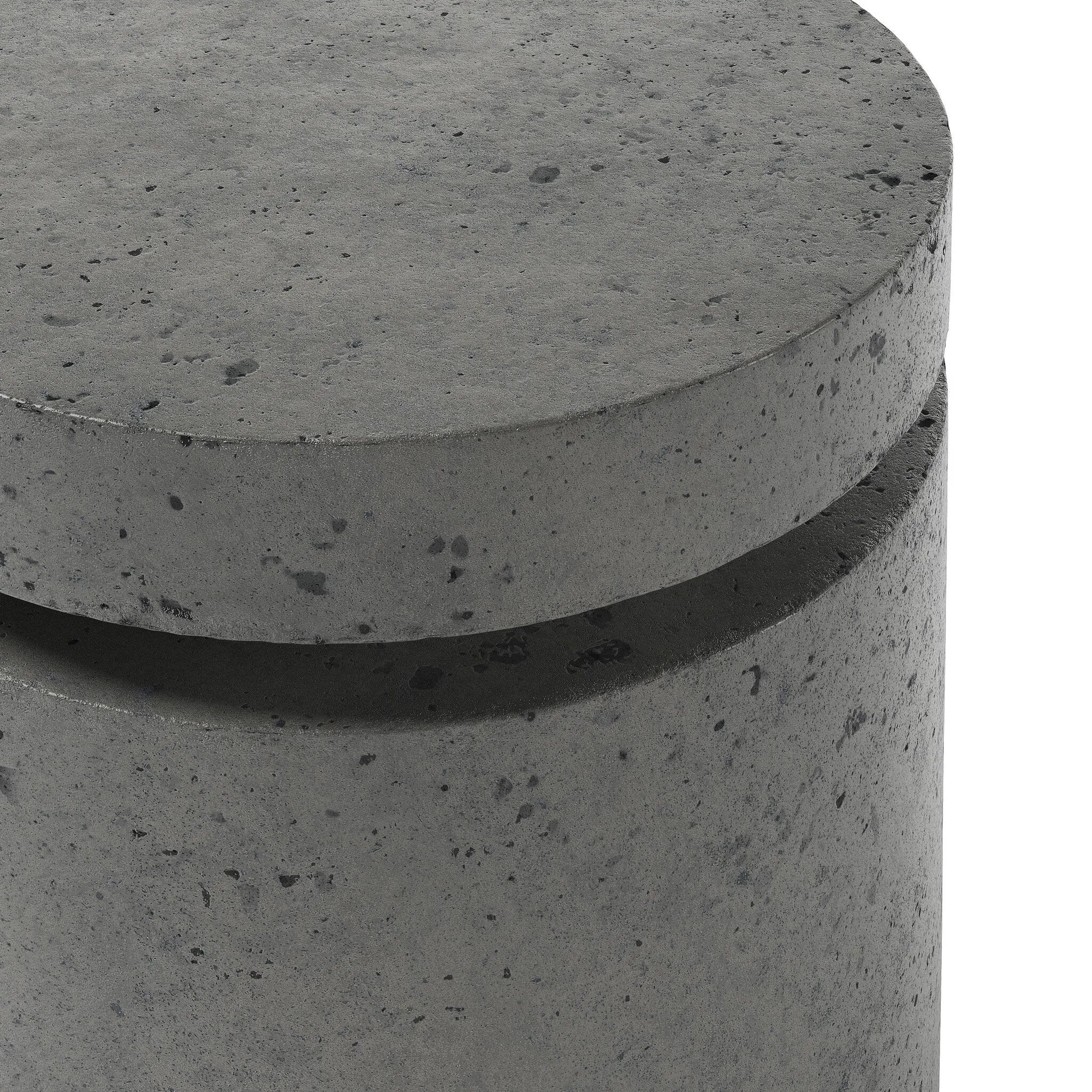 This outdoor propane tank enclosure pairs with fire tables for a clean, seamless look. Made from glass-reinforced concrete, each piece is naturally finished with deep tones of pewter and dark grey. It can act as an end table with its lid on, and has cutouts at the base for hose attachments. Amethyst Home provides interior design, new home construction design consulting, vintage area rugs, and lighting in the Park City metro area.