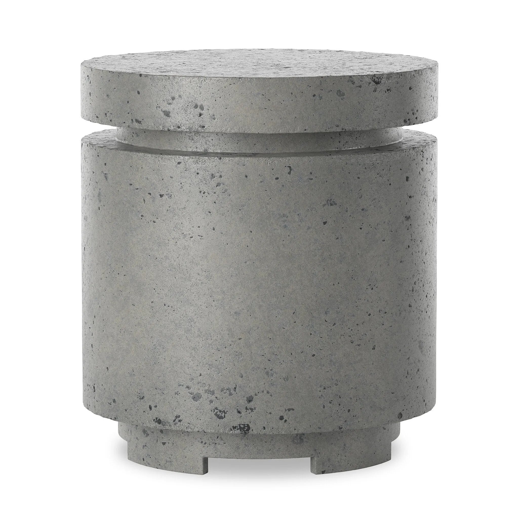 This outdoor propane tank enclosure pairs with fire tables for a clean, seamless look. Made from glass-reinforced concrete, each piece is naturally finished with deep tones of pewter and dark grey. It can act as an end table with its lid on, and has cutouts at the base for hose attachments. Amethyst Home provides interior design, new home construction design consulting, vintage area rugs, and lighting in the San Diego metro area.