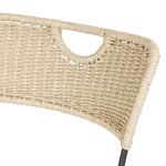 A light, airy take on the traditional bistro shape. This outdoor dining chair features exaggerated splayed legs and a curved X-shaped stretcher, with a handle detail cut out of the woven seat back. Finished with a seat cushion. Cover or store indoors during inclement weather and when not in use. Amethyst Home provides interior design, new home construction design consulting, vintage area rugs, and lighting in the Dallas metro area.