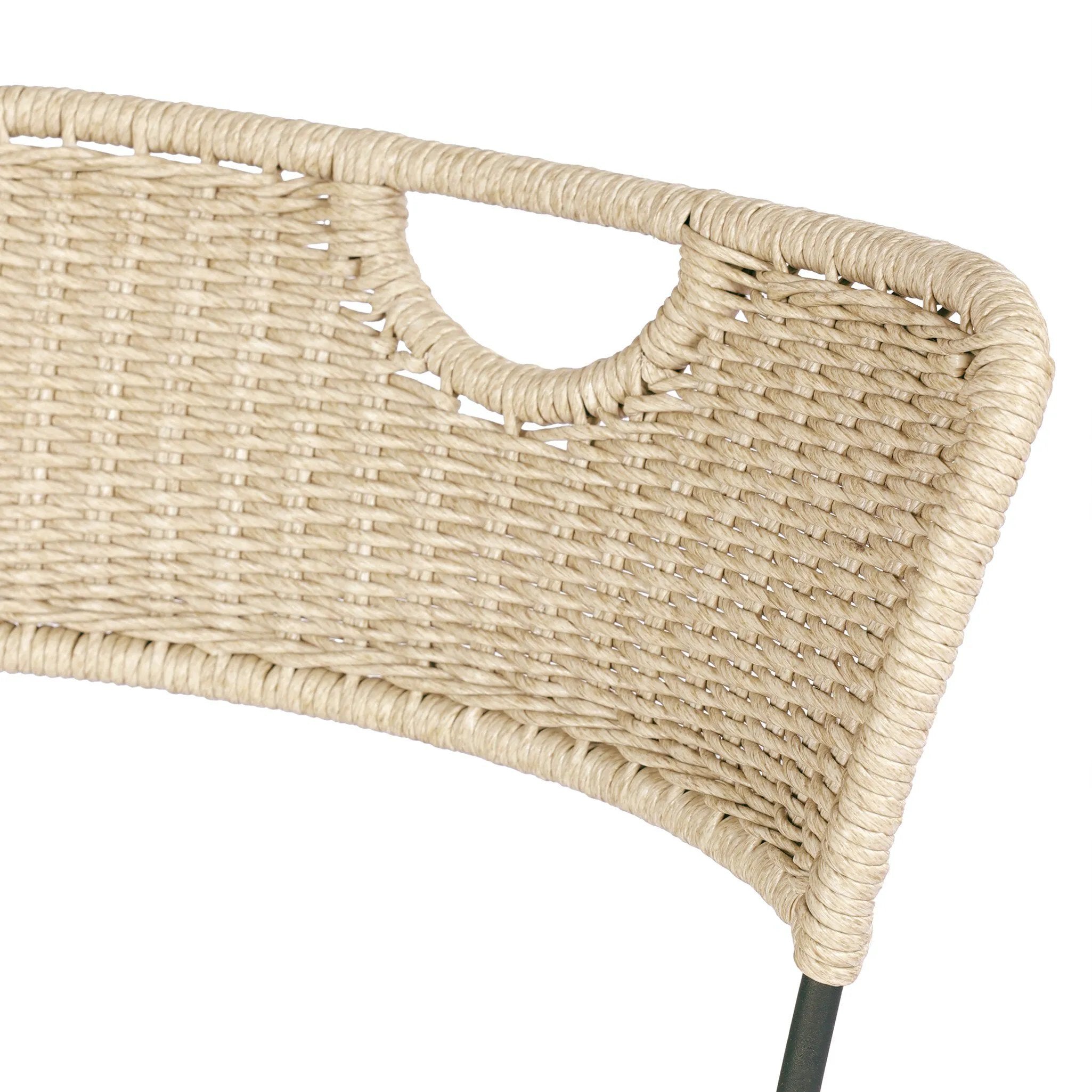 A light, airy take on the traditional bistro shape. This outdoor dining chair features exaggerated splayed legs and a curved X-shaped stretcher, with a handle detail cut out of the woven seat back. Finished with a seat cushion. Cover or store indoors during inclement weather and when not in use. Amethyst Home provides interior design, new home construction design consulting, vintage area rugs, and lighting in the Dallas metro area.