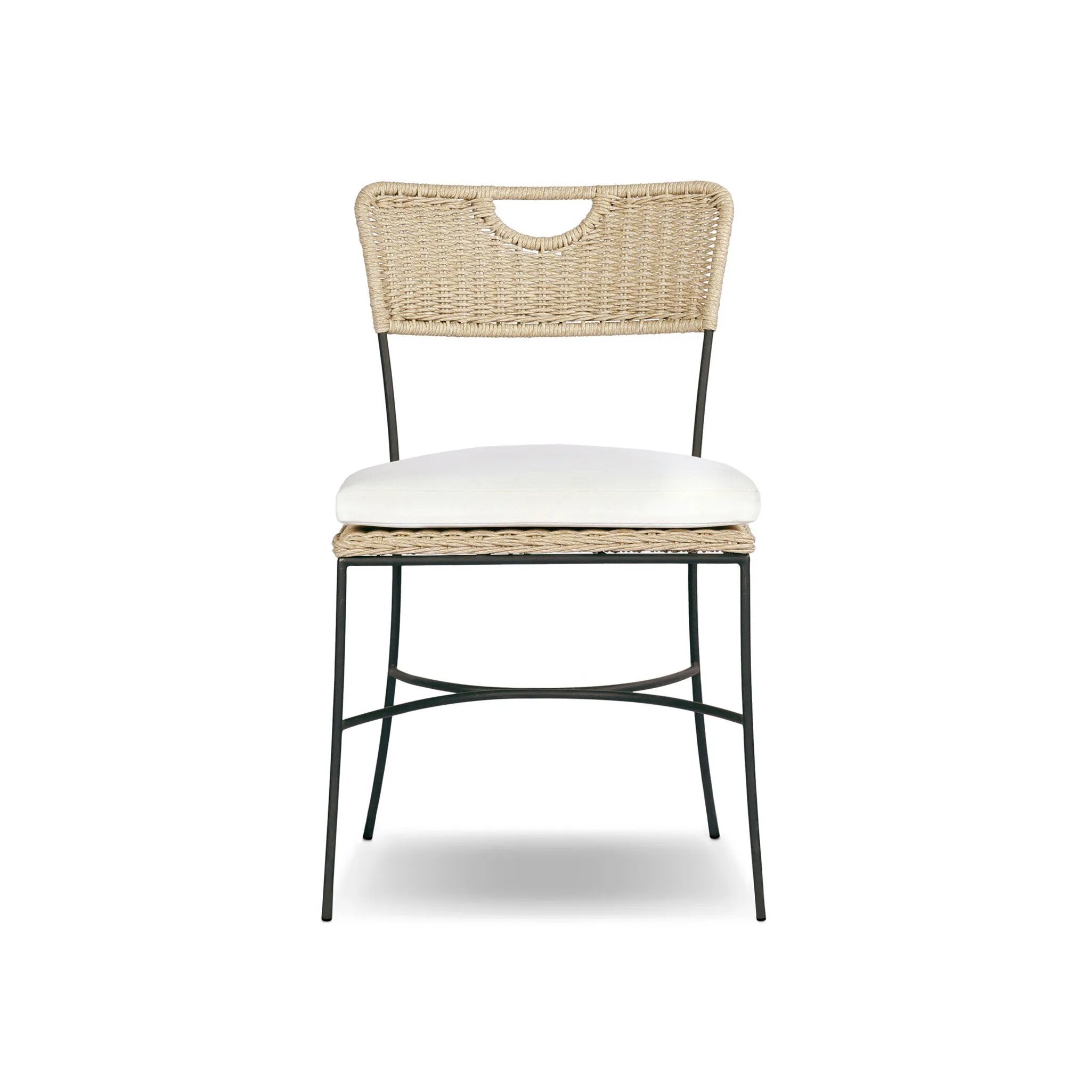 A light, airy take on the traditional bistro shape. This outdoor dining chair features exaggerated splayed legs and a curved X-shaped stretcher, with a handle detail cut out of the woven seat back. Finished with a seat cushion. Cover or store indoors during inclement weather and when not in use. Amethyst Home provides interior design, new home construction design consulting, vintage area rugs, and lighting in the Kansas City metro area.