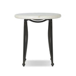 Inspired by Art Deco designs, this outdoor end table introduces a sense of movement to a classic silhouette. Graceful, flowing lines on the base pair with a white marble top for a classic black-and-white look. Cover or store inside during inclement weather and when not in use. Amethyst Home provides interior design, new home construction design consulting, vintage area rugs, and lighting in the Kansas City metro area.
