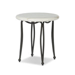 Inspired by Art Deco designs, this outdoor end table introduces a sense of movement to a classic silhouette. Graceful, flowing lines on the base pair with a white marble top for a classic black-and-white look. Cover or store inside during inclement weather and when not in use. Amethyst Home provides interior design, new home construction design consulting, vintage area rugs, and lighting in the Tampa metro area.