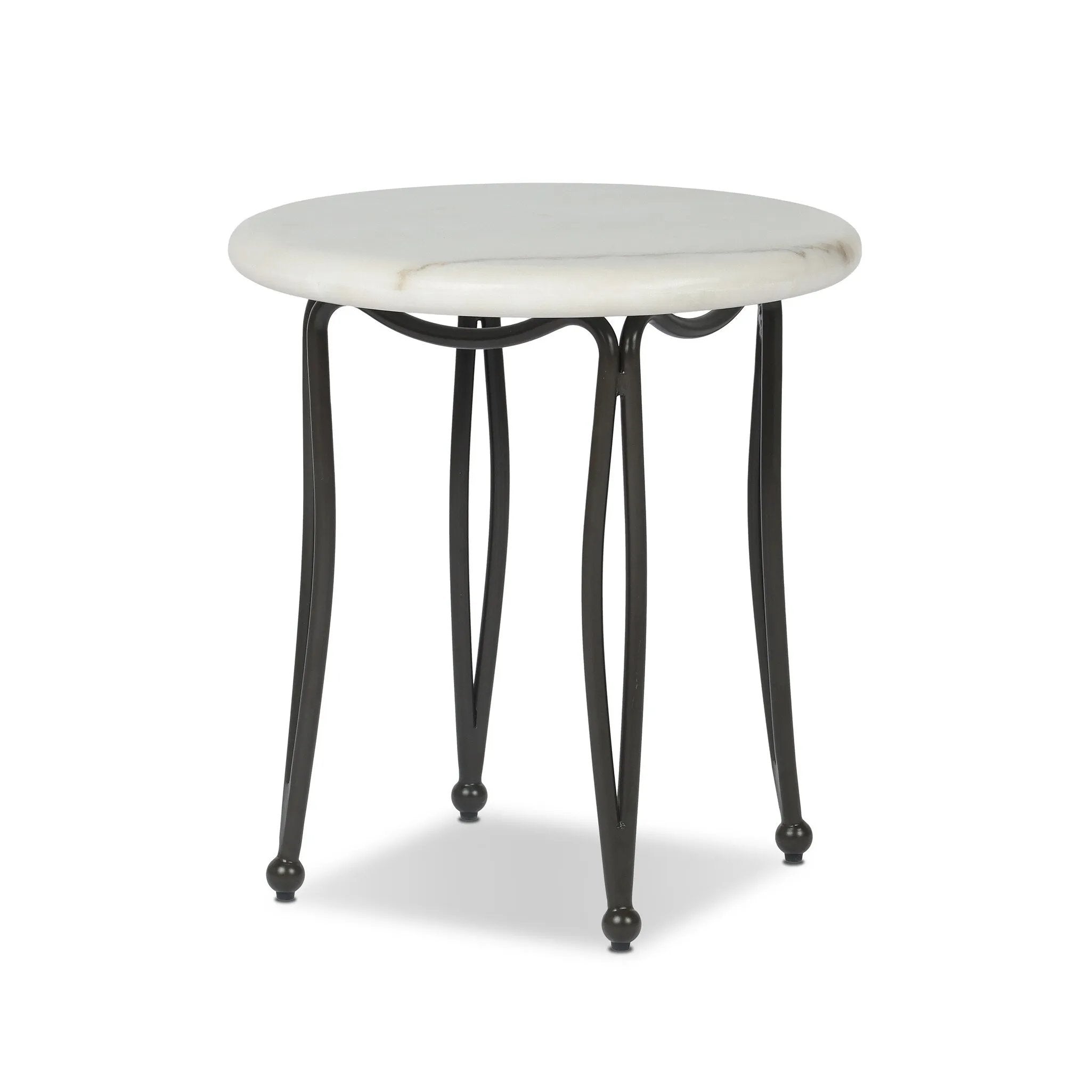 Inspired by Art Deco designs, this outdoor end table introduces a sense of movement to a classic silhouette. Graceful, flowing lines on the base pair with a white marble top for a classic black-and-white look. Cover or store inside during inclement weather and when not in use. Amethyst Home provides interior design, new home construction design consulting, vintage area rugs, and lighting in the Tampa metro area.