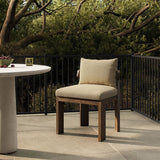 Warm beige upholstery and FSC®-certified teak framing form a simple barrel back outdoor dining chair, complemented by softened edges and a fluid shape for a classic look. Cover or store inside during inclement weather and when not in use. Amethyst Home provides interior design, new home construction design consulting, vintage area rugs, and lighting in the Calabasas metro area.
