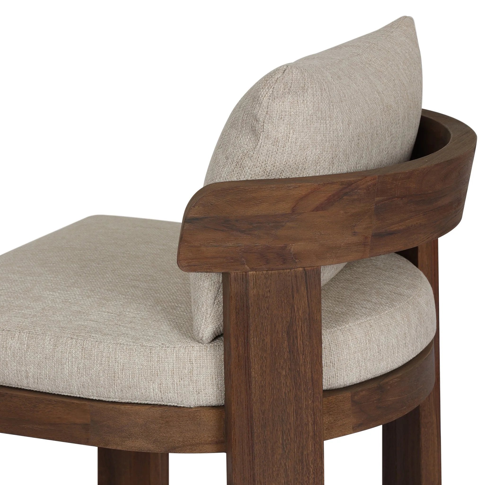 Warm beige upholstery and FSC®-certified teak framing form a simple barrel back outdoor dining chair, complemented by softened edges and a fluid shape for a classic look. Cover or store inside during inclement weather and when not in use. Amethyst Home provides interior design, new home construction design consulting, vintage area rugs, and lighting in the Des Moines metro area.