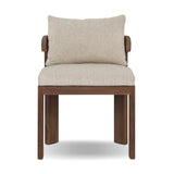 Warm beige upholstery and FSC®-certified teak framing form a simple barrel back outdoor dining chair, complemented by softened edges and a fluid shape for a classic look. Cover or store inside during inclement weather and when not in use. Amethyst Home provides interior design, new home construction design consulting, vintage area rugs, and lighting in the Miami metro area.