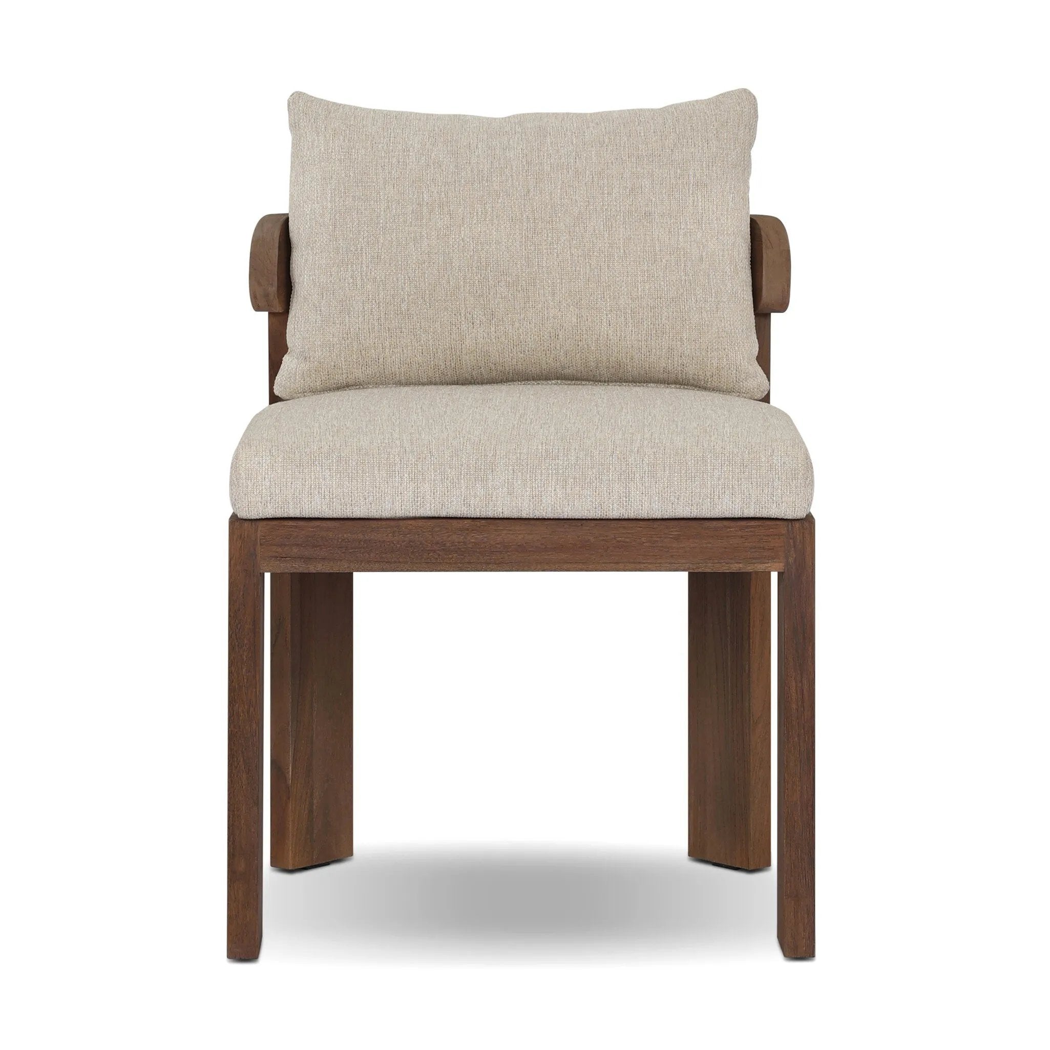 Warm beige upholstery and FSC®-certified teak framing form a simple barrel back outdoor dining chair, complemented by softened edges and a fluid shape for a classic look. Cover or store inside during inclement weather and when not in use. Amethyst Home provides interior design, new home construction design consulting, vintage area rugs, and lighting in the Miami metro area.