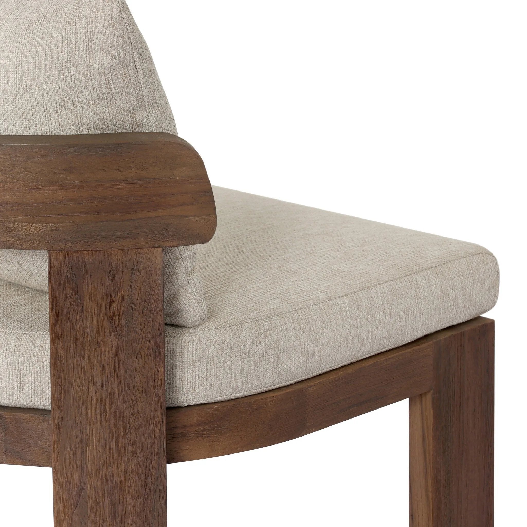 Warm beige upholstery and FSC®-certified teak framing form a simple barrel back outdoor dining chair, complemented by softened edges and a fluid shape for a classic look. Cover or store inside during inclement weather and when not in use. Amethyst Home provides interior design, new home construction design consulting, vintage area rugs, and lighting in the Washington metro area.