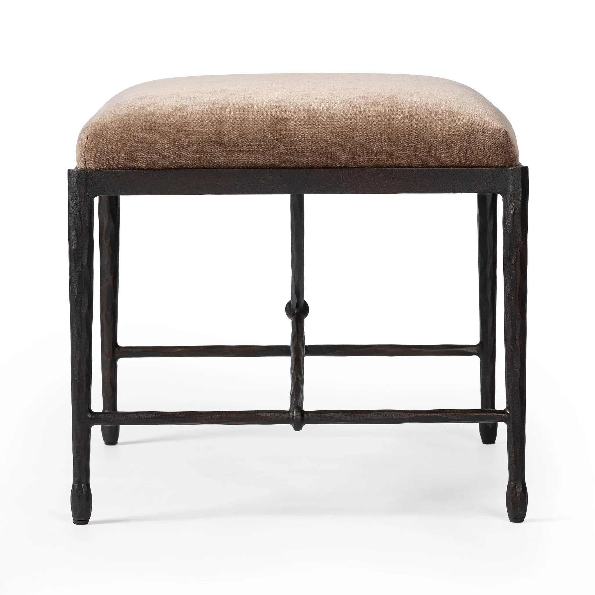 Channel Art Deco with a curved stretcher base of bronzed hammered iron and a velvety seat in a versatile earth tone. Style just about anywhere to create an extra surface or seat Amethyst Home provides interior design, new home construction design consulting, vintage area rugs, and lighting in the Des Moines metro area.