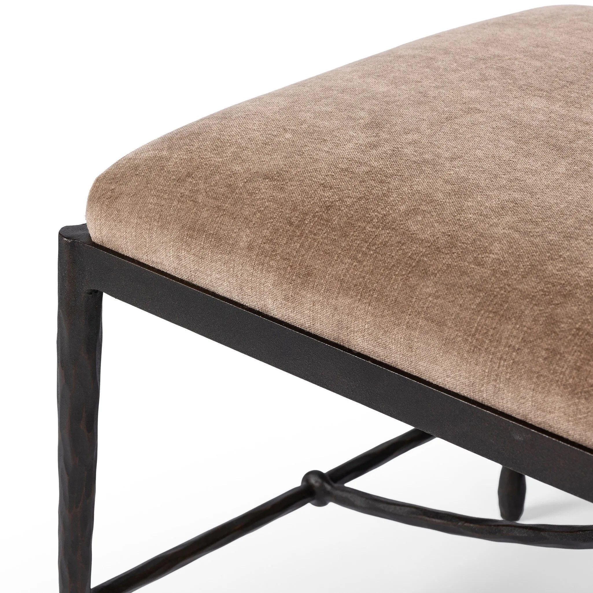 Featuring Jade Altair Mushroom Accent Stool by Four Hands at Amethyst Home. Channel Art Deco with a curved stretcher base of bronzed hammered iron and a velvety seat in a versatile earth tone. Style just about anywhere to create an extra surface or seat. Overall Dimensions: 24.25"w x 20.50"d x 19.00"h. Amethyst Home provides interior design, new home construction design consulting, vintage area rugs, and lighting in the Los Angeles metro area.