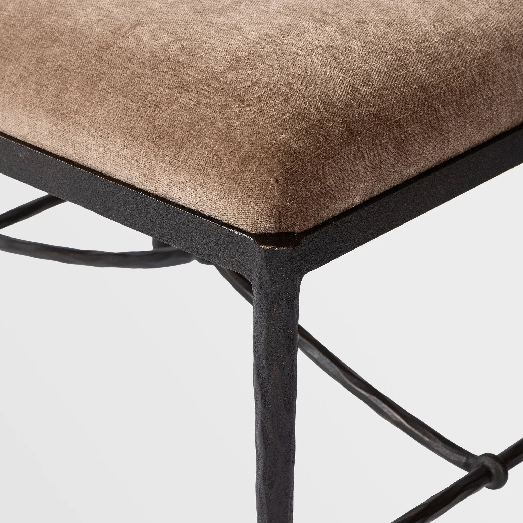 Featuring Jade Altair Mushroom Accent Stool by Four Hands at Amethyst Home. Channel Art Deco with a curved stretcher base of bronzed hammered iron and a velvety seat in a versatile earth tone. Style just about anywhere to create an extra surface or seat. Overall Dimensions: 24.25"w x 20.50"d x 19.00"h. Amethyst Home provides interior design, new home construction design consulting, vintage area rugs, and lighting in the Monterey metro area.