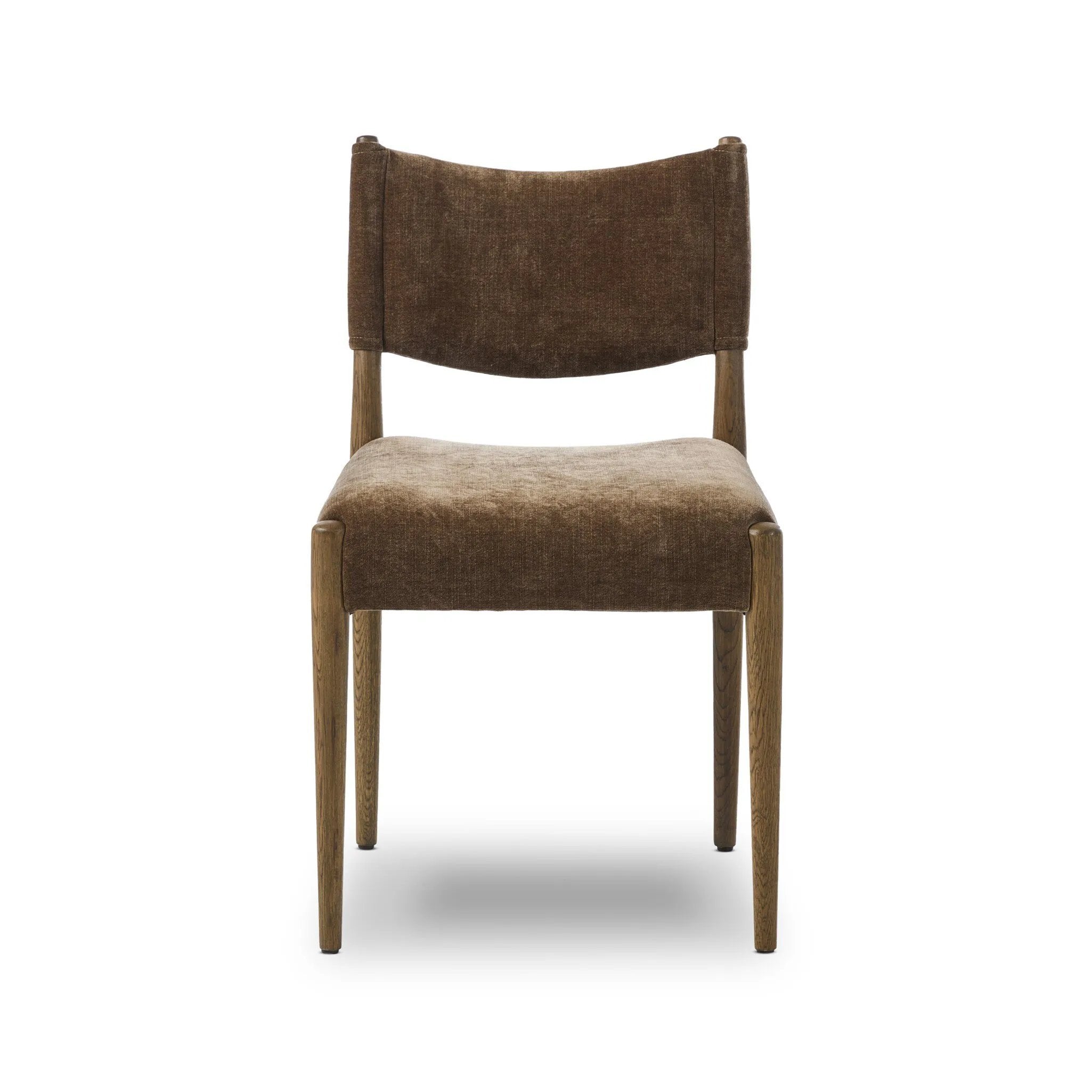 A midcentury-inspired piece brought to modern times. A supportive, sling-style back and seat cushion are upholstered in a soft, velvety fabric, with toasted oak armless framing Amethyst Home provides interior design, new home construction design consulting, vintage area rugs, and lighting in the Alpharetta metro area.