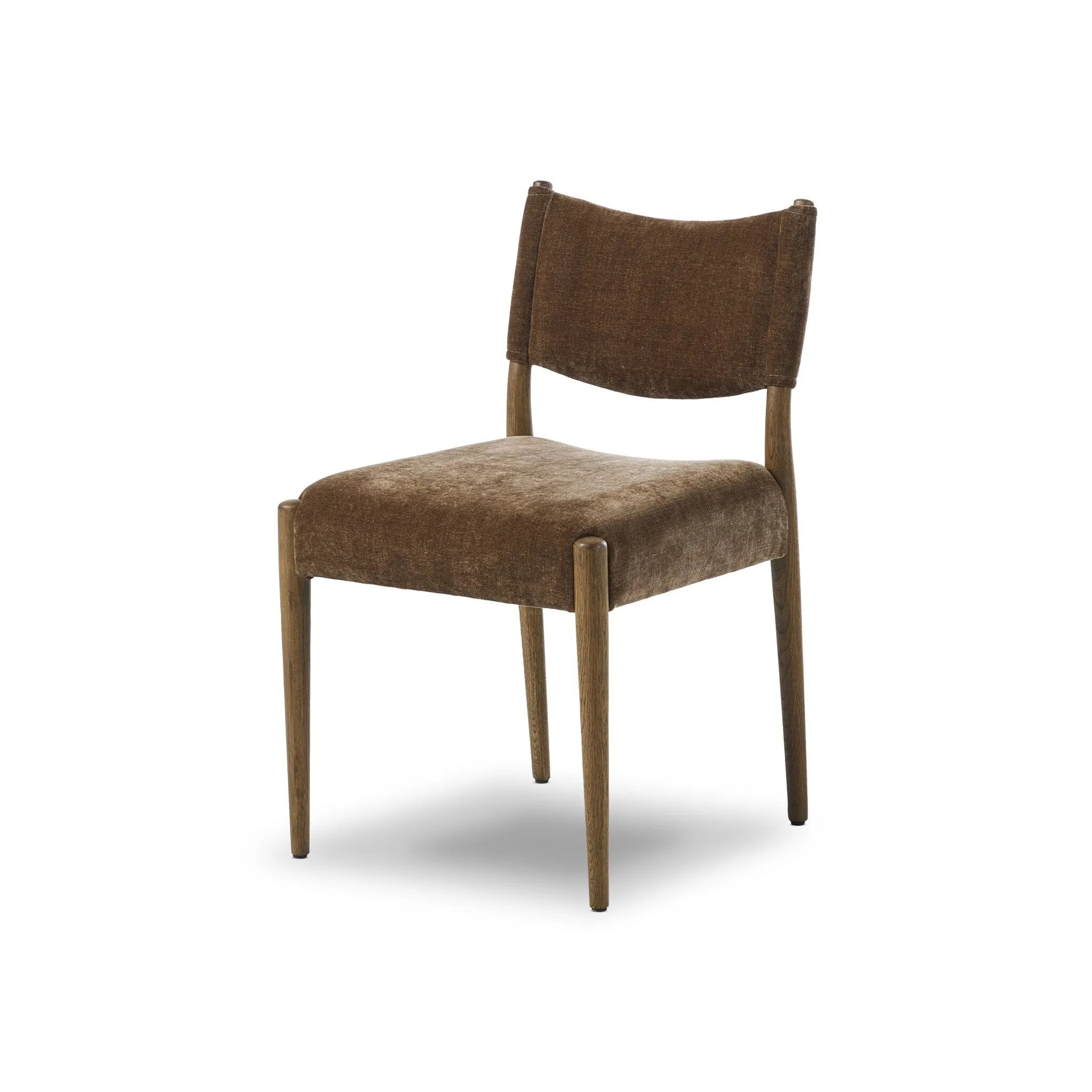 A midcentury-inspired piece brought to modern times. A supportive, sling-style back and seat cushion are upholstered in a soft, velvety fabric, with toasted oak armless framing Amethyst Home provides interior design, new home construction design consulting, vintage area rugs, and lighting in the Monterey metro area.