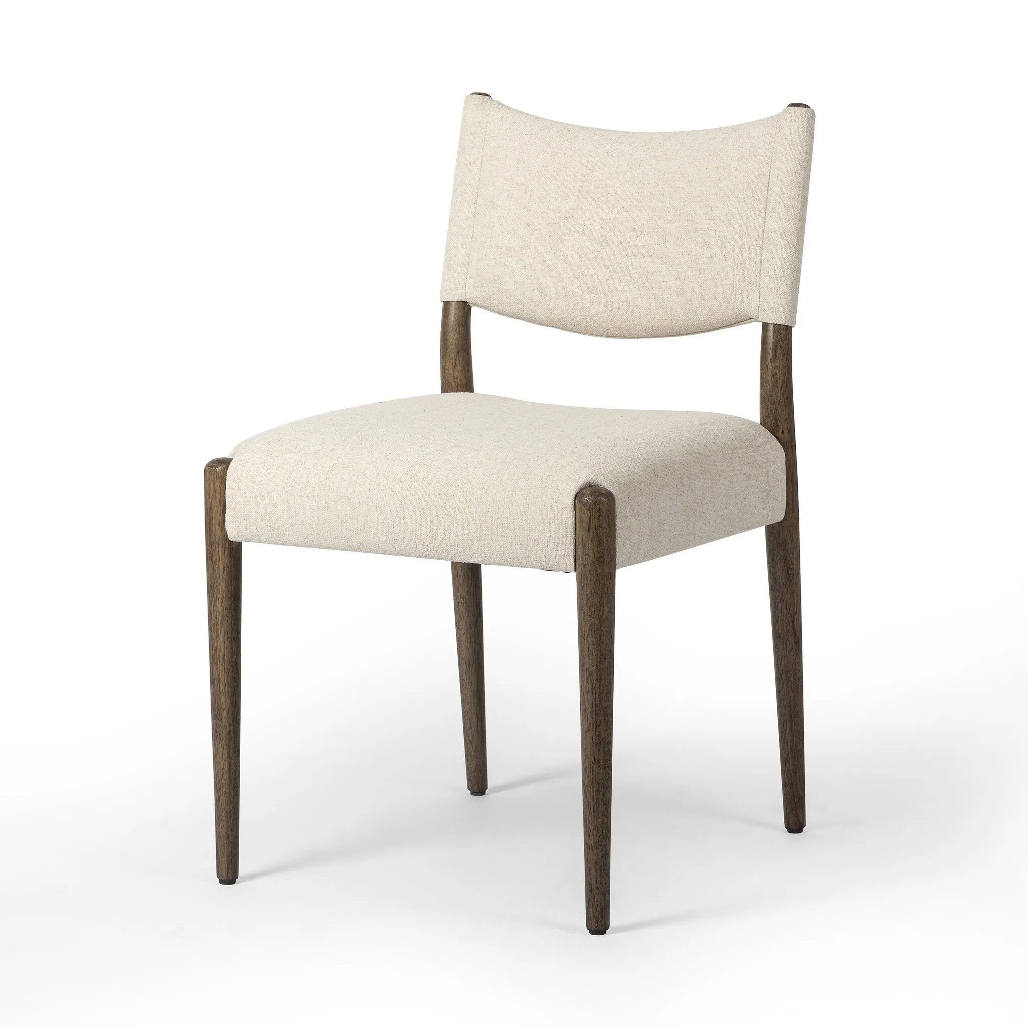 A midcentury-inspired piece, updated for modern times. A supportive back and seat cushion are upholstered in high-performance fabric, with a walnut-finished frame for a contrast of color. Steam regularly to keep fabric looking crisp. Amethyst Home provides interior design, new home construction design consulting, vintage area rugs, and lighting in the Houston metro area.