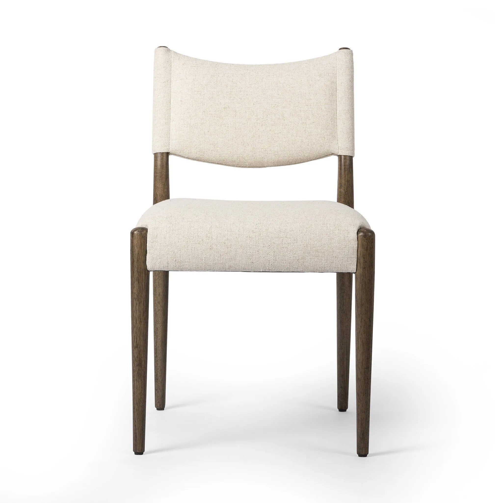 A midcentury-inspired piece, updated for modern times. A supportive back and seat cushion are upholstered in high-performance fabric, with a walnut-finished frame for a contrast of color. Steam regularly to keep fabric looking crisp. Amethyst Home provides interior design, new home construction design consulting, vintage area rugs, and lighting in the Kansas City metro area.