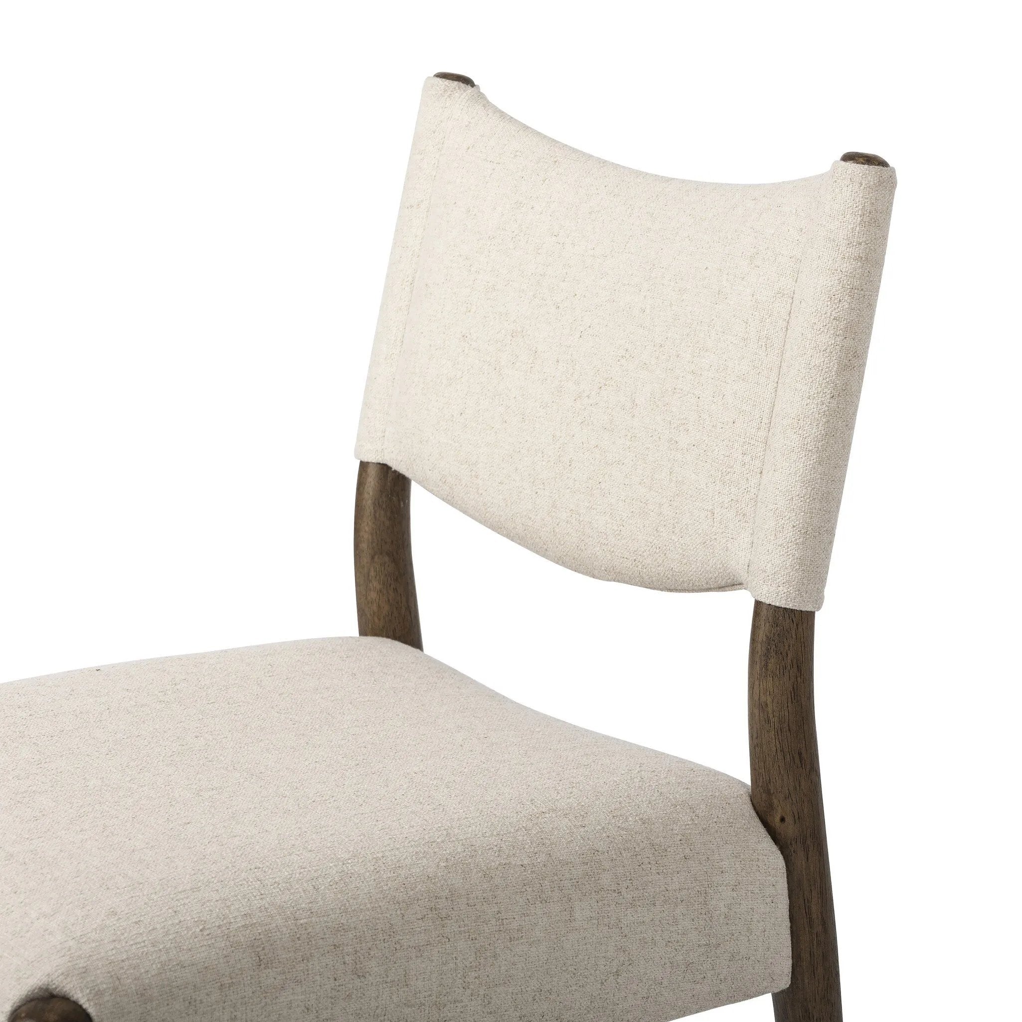 A midcentury-inspired piece, updated for modern times. A supportive back and seat cushion are upholstered in high-performance fabric, with a walnut-finished frame for a contrast of color. Steam regularly to keep fabric looking crisp. Amethyst Home provides interior design, new home construction design consulting, vintage area rugs, and lighting in the Portland metro area.
