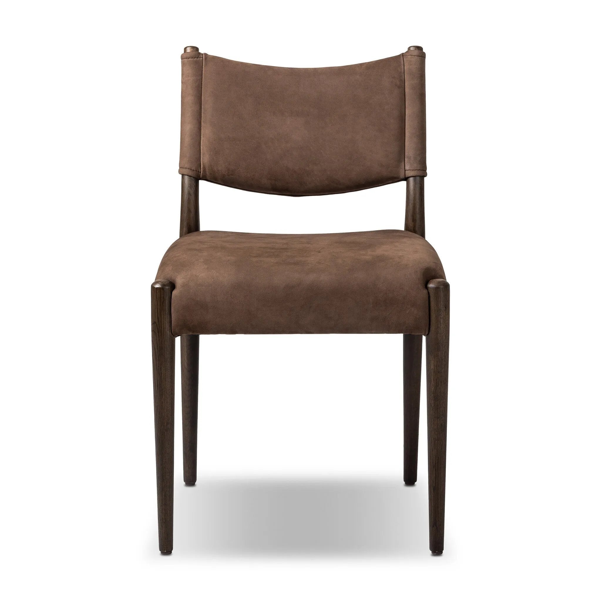 A midcentury-inspired piece brought to modern times. A supportive, sling-style back and seat cushion are upholstered in a soft, velvety fabric, with toasted oak armless framing Amethyst Home provides interior design, new home construction design consulting, vintage area rugs, and lighting in the Kansas City metro area.