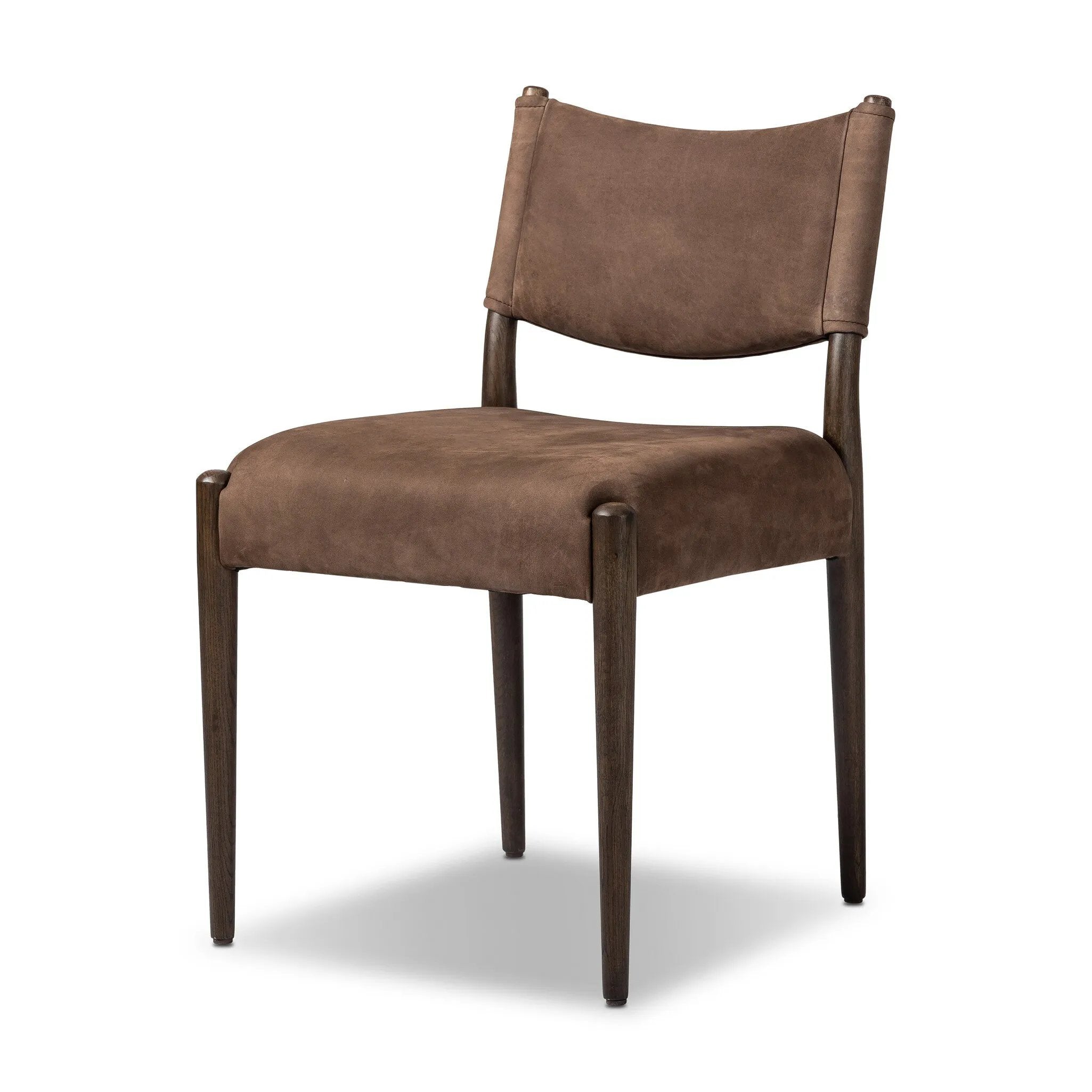 A midcentury-inspired piece brought to modern times. A supportive, sling-style back and seat cushion are upholstered in a soft, velvety fabric, with toasted oak armless framing Amethyst Home provides interior design, new home construction design consulting, vintage area rugs, and lighting in the Monterey metro area.