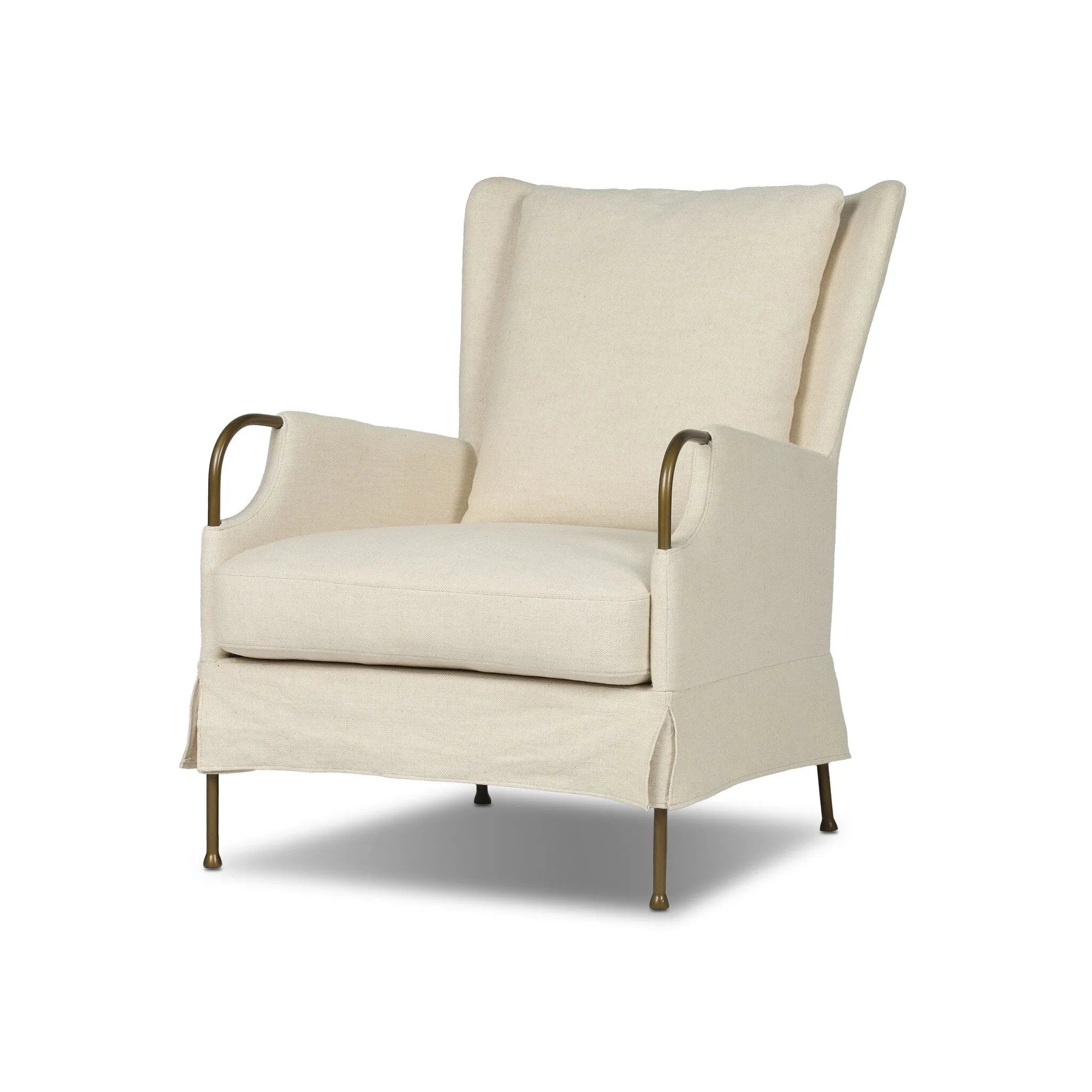 Bridging timeless tradition with modern edge, this upholstered chair strikes a one-of-a-kind silhouette. Its fixed, skirted slipcover and subtle winged back offer a classic feel, while a unique metal arm reveal  and slightly flared legs create an unparalleled look. Amethyst Home provides interior design, new home construction design consulting, vintage area rugs, and lighting in the Boston metro area.