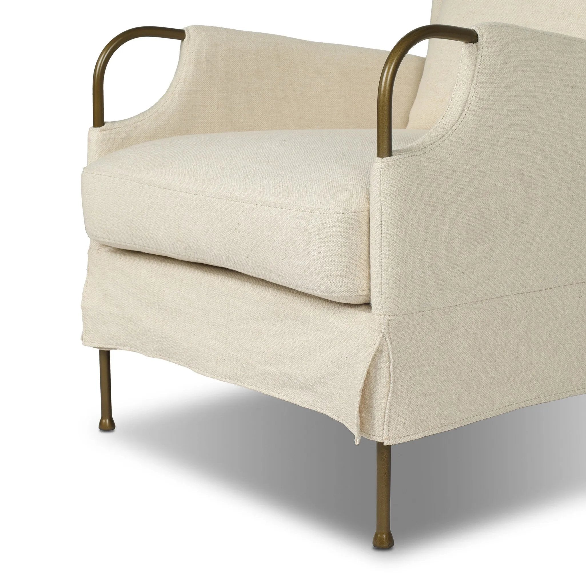 Bridging timeless tradition with modern edge, this upholstered chair strikes a one-of-a-kind silhouette. Its fixed, skirted slipcover and subtle winged back offer a classic feel, while a unique metal arm reveal  and slightly flared legs create an unparalleled look. Amethyst Home provides interior design, new home construction design consulting, vintage area rugs, and lighting in the Des Moines metro area.