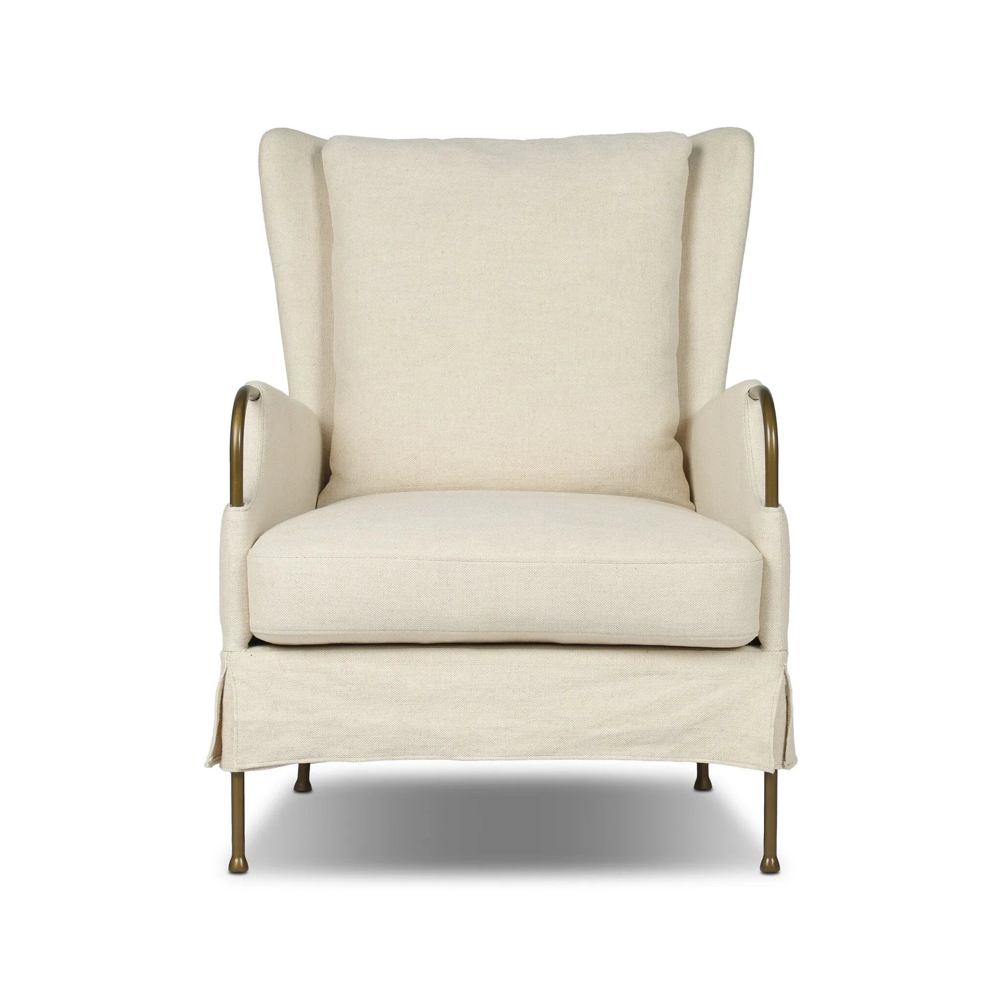 Bridging timeless tradition with modern edge, this upholstered chair strikes a one-of-a-kind silhouette. Its fixed, skirted slipcover and subtle winged back offer a classic feel, while a unique metal arm reveal  and slightly flared legs create an unparalleled look. Amethyst Home provides interior design, new home construction design consulting, vintage area rugs, and lighting in the Miami metro area.