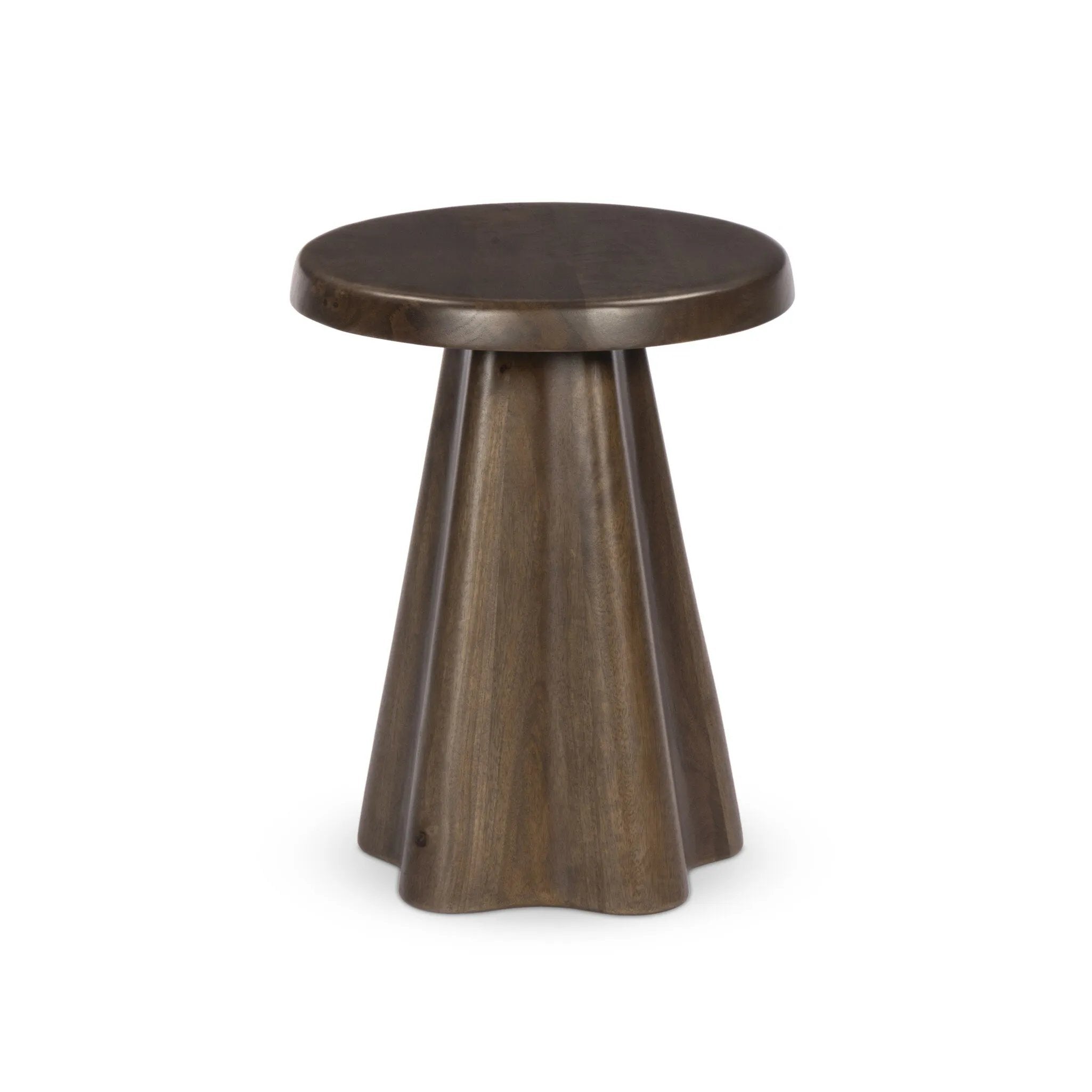Add an extra surface anywhere with a solid mango end table with a playful clover shape Amethyst Home provides interior design, new home construction design consulting, vintage area rugs, and lighting in the Tampa metro area.