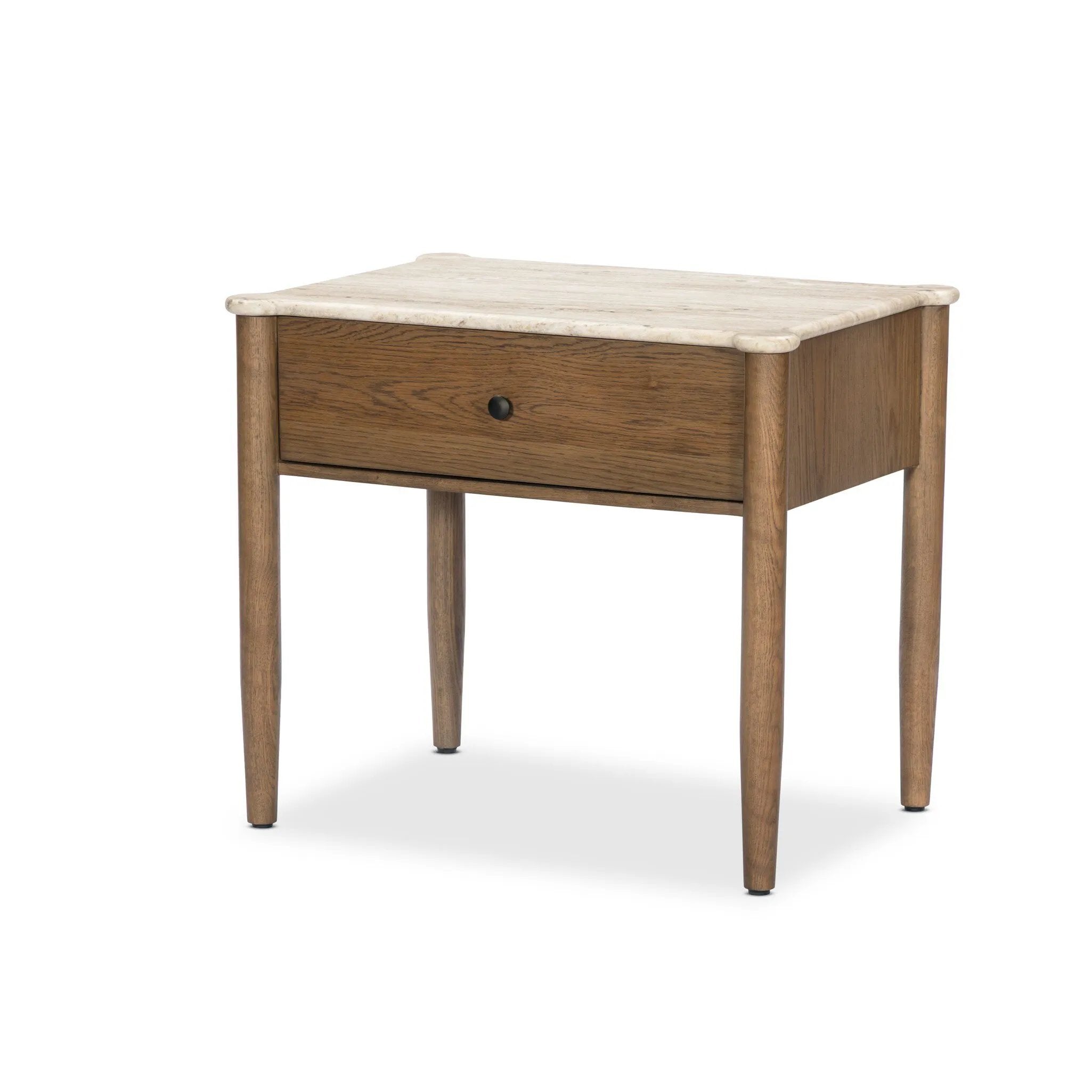 Bring storage to the bedside. Off-white marble pairs with light brown oak for a warm, minimalist look. This traditional-spirited nightstand's bullnose edges and rounded corners balance out the piece’s rectangular case.As lovers of natural design at Amethyst, we love the designer inspired Joah Nightstand - Antique White Marble. Amethyst Home provides interior design, new home construction design consulting, vintage area rugs, and lighting in the Scottsdale metro area.