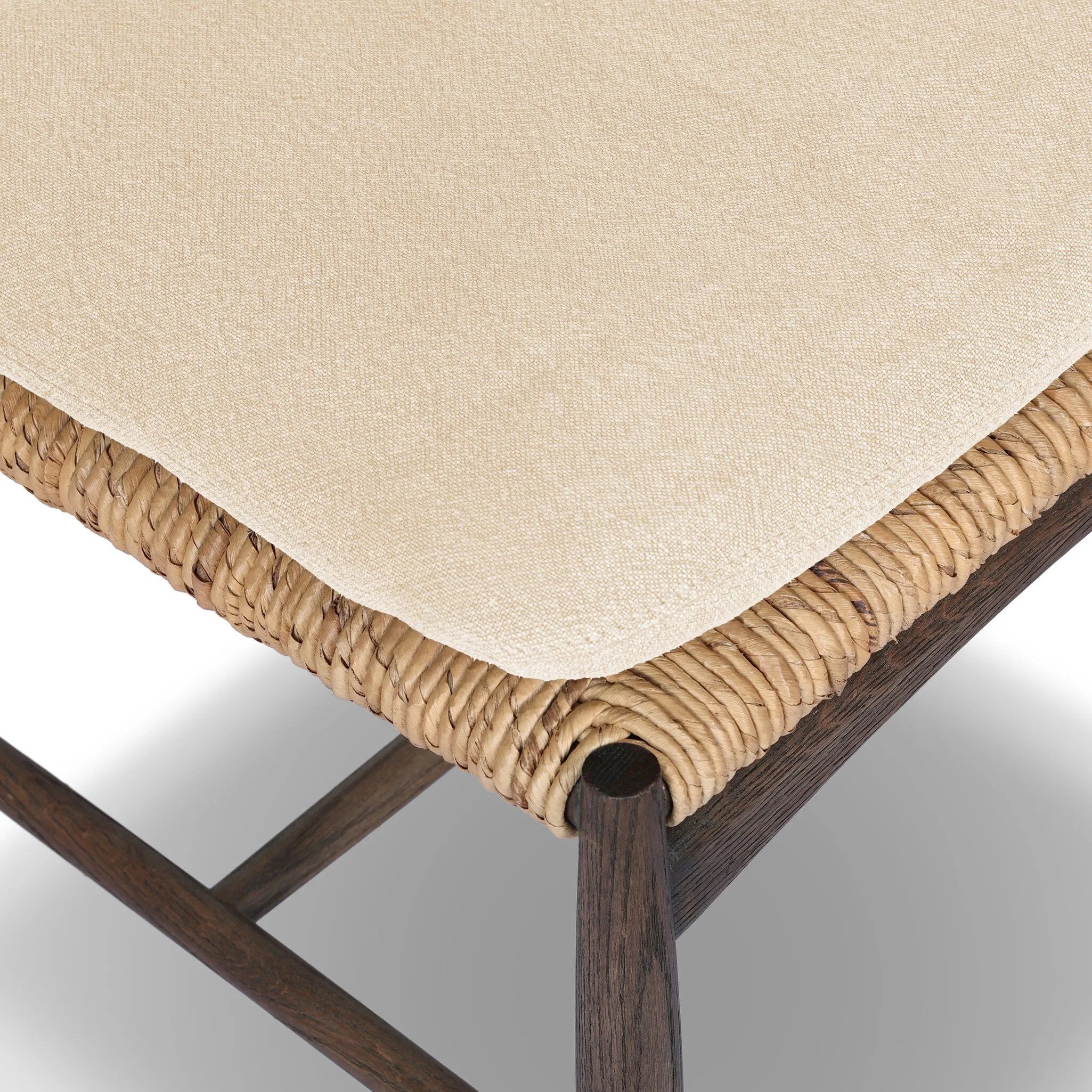 Featuring Jovan Savile Flax Dining Chair With Cushion by Four Hands at Amethyst Home. A seamless addition to your dining collection, a slim-profile dining chair pairs a woven banana leaf seat with a solid oak frame featuring a bentwood back. A tie-fasten seat cushion of high-performance fabric completes the look. Performance fabrics are specially created t. Amethyst Home provides interior design, new home construction design consulting, vintage area rugs, and lighting in the Washington metro area.