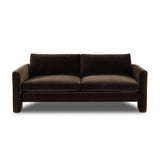 Float-style this unique sofa in a room to show off design details like sleek lines and rear cutouts. Designed with S spring construction, foam and fiber seat cushioning and loose feather-blend back cushions. Upholstered in a soft, velvety cotton. Amethyst Home provides interior design, new home construction design consulting, vintage area rugs, and lighting in the Laguna Beach metro area.