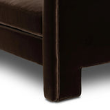 Float-style this unique sofa in a room to show off design details like sleek lines and rear cutouts. Designed with S spring construction, foam and fiber seat cushioning and loose feather-blend back cushions. Upholstered in a soft, velvety cotton. Amethyst Home provides interior design, new home construction design consulting, vintage area rugs, and lighting in the Seattle metro area.
