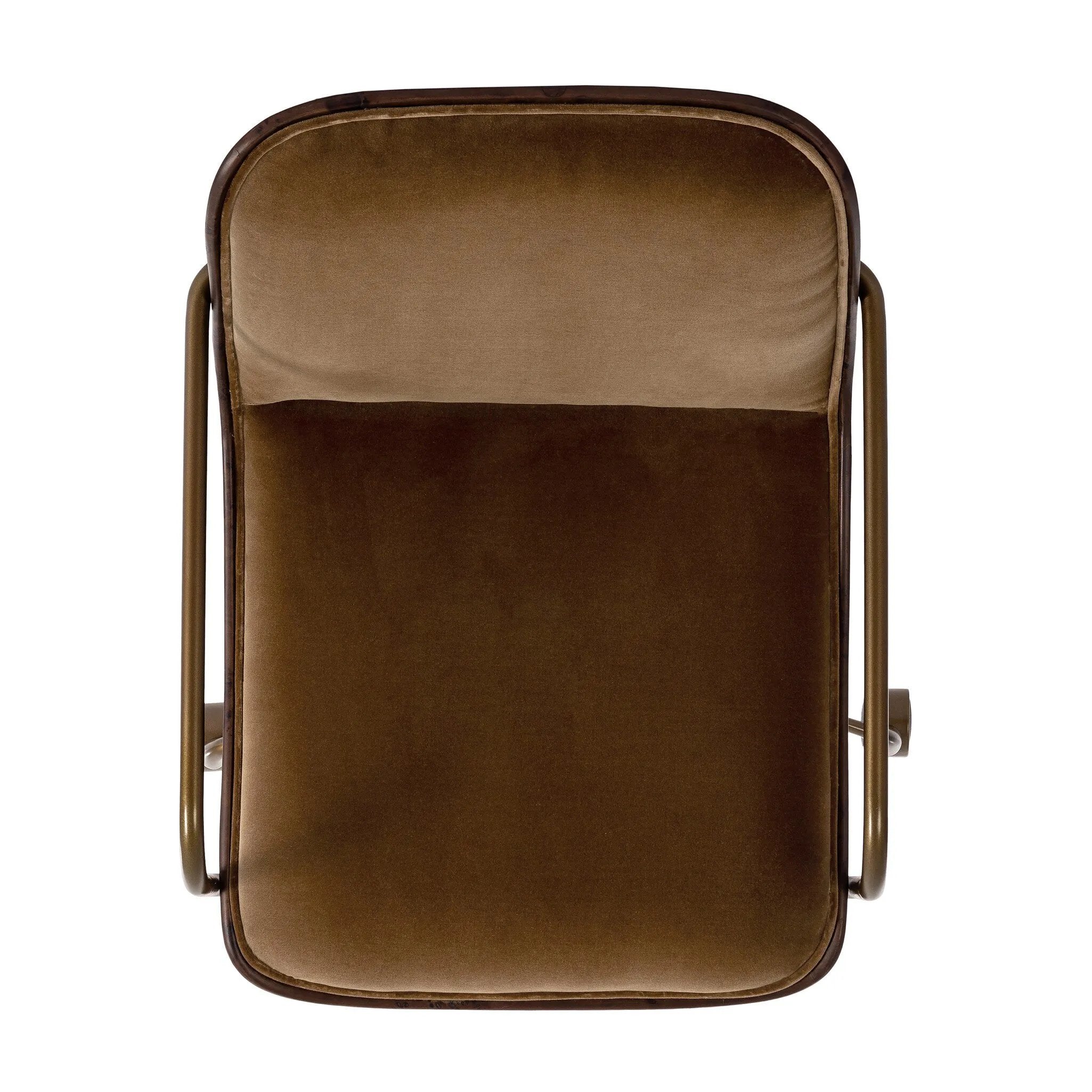 Our mixed material take on the midcentury molded ply chair. Plush ochre velvet seating pairs with a wooden back of rich brown burl and burnished brass arms that wrap under the seat and behind the back, for a continuous, flowing feel. This design-forward material mix creates a tonal and textural contrast that feels both found and fresh. Amethyst Home provides interior design, new home construction design consulting, vintage area rugs, and lighting in the Newport Beach metro area.