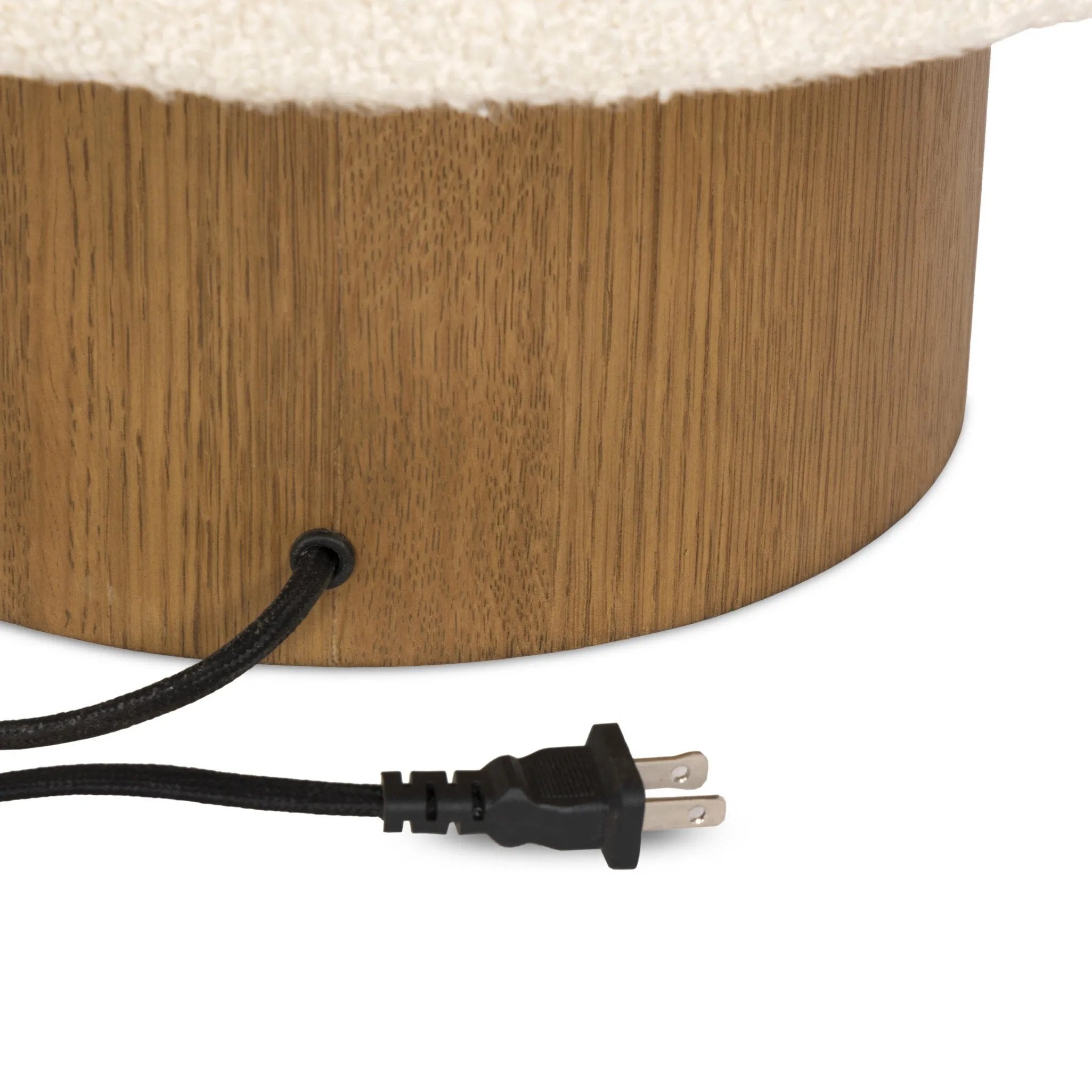Featuring Kenoa Light Smoked Oak Veneer Table Lamp by Four Hands at Amethyst Home. Dramatic proportions and soft texture define this unique table lamp. Light, smoked oak shapes a cylinder base for an overscaled boucle shade, bringing a playful, monochromatic look to any space. Overall Dimensions: 15.50"w x 15.50"d x 17.00"h. Amethyst Home provides interior design, new home construction design consulting, vintage area rugs, and lighting in the Charlotte metro area.