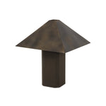 Burnished brass iron in a pyramid shape gives an  industrial feel to this lamp's dark green canvas base with softened corners Amethyst Home provides interior design, new home construction design consulting, vintage area rugs, and lighting in the Nashville metro area.