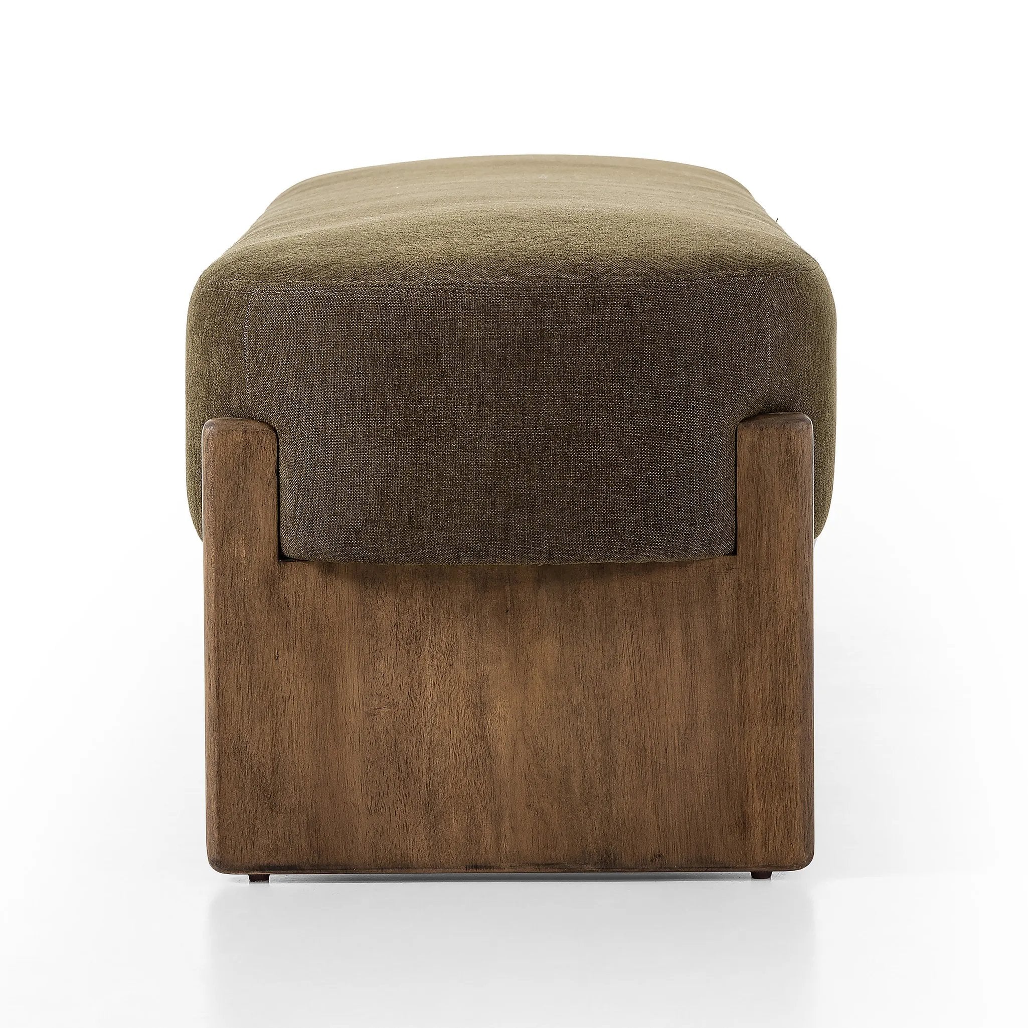 Featuring Kirby Sutton Olive Accent Bench by Four Hands at Amethyst Home. Style this modern accent bench just about anywhere. A cradle base of wire-brushed parawood supports heavily textured upholstered seating.Overall Dimensions: 75.50"w x 20.50"d x 20.50"hWeight : 67.24 lbsMaterials: 100% Polyester, Solid Parawood, Poplar Plywood. Amethyst Home provides interior design, new home construction design consulting, vintage area rugs, and lighting in the Dallas metro area.