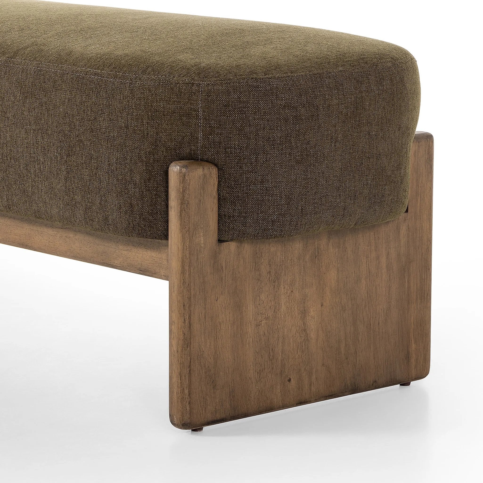 Featuring Kirby Sutton Olive Accent Bench by Four Hands at Amethyst Home. Style this modern accent bench just about anywhere. A cradle base of wire-brushed parawood supports heavily textured upholstered seating.Overall Dimensions: 75.50"w x 20.50"d x 20.50"hWeight : 67.24 lbsMaterials: 100% Polyester, Solid Parawood, Poplar Plywood. Amethyst Home provides interior design, new home construction design consulting, vintage area rugs, and lighting in the Washington metro area.