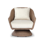 Featuring Koe Ellor Beige Outdoor Chair by Four Hands at Amethyst Home. Bring texture outside. Inspired by the classic tulip shape, this outdoor swivel chair features a sculptural, woven faux hyacinth frame and a deep seat and loose back cushion in 100% olefin, known for its UV-resistant, water-repellent and quick-drying abilities. Cover or store indoors d. Amethyst Home provides interior design, new home construction design consulting, vintage area rugs, and lighting in the Des Moines metro area.