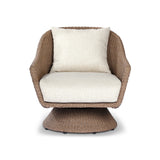 Featuring Koe Ellor Beige Outdoor Chair by Four Hands at Amethyst Home. Bring texture outside. Inspired by the classic tulip shape, this outdoor swivel chair features a sculptural, woven faux hyacinth frame and a deep seat and loose back cushion in 100% olefin, known for its UV-resistant, water-repellent and quick-drying abilities. Cover or store indoors d. Amethyst Home provides interior design, new home construction design consulting, vintage area rugs, and lighting in the Des Moines metro area.