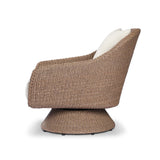 Featuring Koe Ellor Beige Outdoor Chair by Four Hands at Amethyst Home. Bring texture outside. Inspired by the classic tulip shape, this outdoor swivel chair features a sculptural, woven faux hyacinth frame and a deep seat and loose back cushion in 100% olefin, known for its UV-resistant, water-repellent and quick-drying abilities. Cover or store indoors. Amethyst Home provides interior design, new home construction design consulting, vintage area rugs, and lighting in the Laguna Beach metro area.