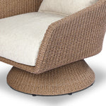 Featuring Koe Ellor Beige Outdoor Chair by Four Hands at Amethyst Home. Bring texture outside. Inspired by the classic tulip shape, this outdoor swivel chair features a sculptural, woven faux hyacinth frame and a deep seat and loose back cushion in 100% olefin, known for its UV-resistant, water-repellent and quick-drying abilities. Cover or store indoors during. Amethyst Home provides interior design, new home construction design consulting, vintage area rugs, and lighting in the Miami metro area.