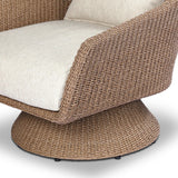 Featuring Koe Ellor Beige Outdoor Chair by Four Hands at Amethyst Home. Bring texture outside. Inspired by the classic tulip shape, this outdoor swivel chair features a sculptural, woven faux hyacinth frame and a deep seat and loose back cushion in 100% olefin, known for its UV-resistant, water-repellent and quick-drying abilities. Cover or store indoors during. Amethyst Home provides interior design, new home construction design consulting, vintage area rugs, and lighting in the Miami metro area.