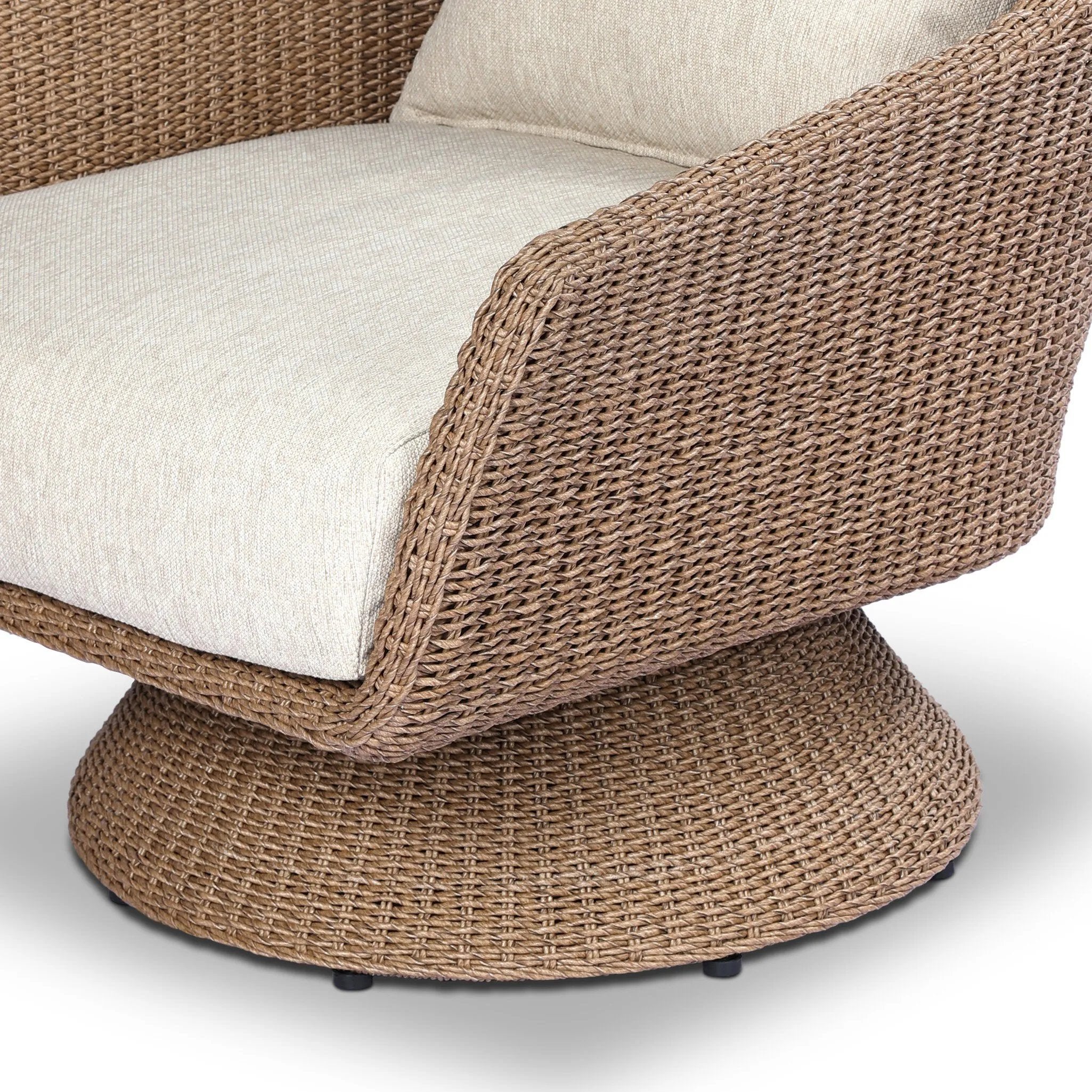 Featuring Koe Ellor Beige Outdoor Chair by Four Hands at Amethyst Home. Bring texture outside. Inspired by the classic tulip shape, this outdoor swivel chair features a sculptural, woven faux hyacinth frame and a deep seat and loose back cushion in 100% olefin, known for its UV-resistant, water-repellent and quick-drying abilities. Cover or store indoors during. Amethyst Home provides interior design, new home construction design consulting, vintage area rugs, and lighting in the Miami metro area.