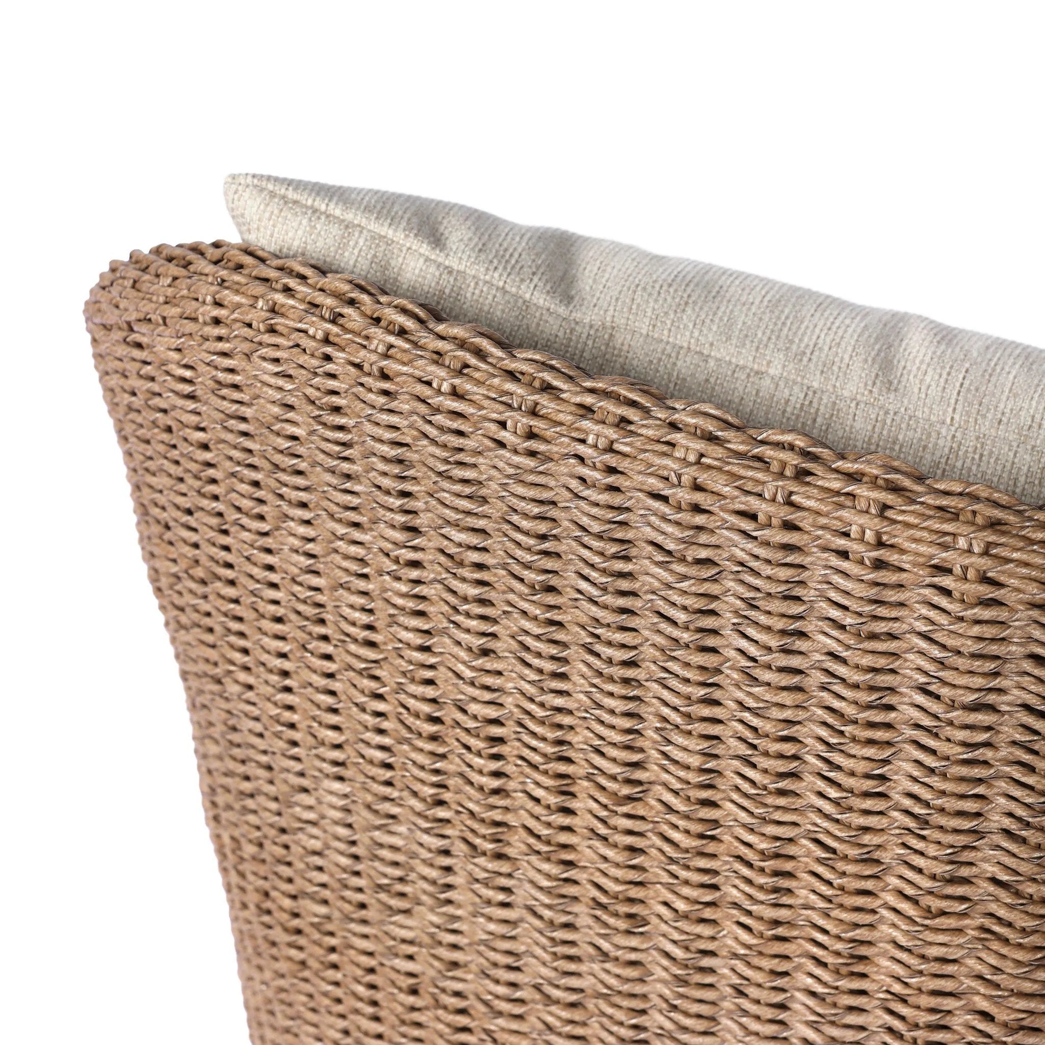 Featuring Koe Ellor Beige Outdoor Chair by Four Hands at Amethyst Home. Bring texture outside. Inspired by the classic tulip shape, this outdoor swivel chair features a sculptural, woven faux hyacinth frame and a deep seat and loose back cushion in 100% olefin, known for its UV-resistant, water-repellent and quick-drying abilities. Cover or store indoors dur. Amethyst Home provides interior design, new home construction design consulting, vintage area rugs, and lighting in the Monterey metro area.