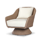 Featuring Koe Ellor Beige Outdoor Chair by Four Hands at Amethyst Home. Bring texture outside. Inspired by the classic tulip shape, this outdoor swivel chair features a sculptural, woven faux hyacinth frame and a deep seat and loose back cushion in 100% olefin, known for its UV-resistant, water-repellent and quick-drying abilities. Cover or store indoors du. Amethyst Home provides interior design, new home construction design consulting, vintage area rugs, and lighting in the Nashville metro area.