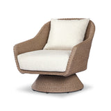 Featuring Koe Ellor Beige Outdoor Chair by Four Hands at Amethyst Home. Bring texture outside. Inspired by the classic tulip shape, this outdoor swivel chair features a sculptural, woven faux hyacinth frame and a deep seat and loose back cushion in 100% olefin, known for its UV-resistant, water-repellent and quick-drying abilities. Cover or store indoors du. Amethyst Home provides interior design, new home construction design consulting, vintage area rugs, and lighting in the Nashville metro area.