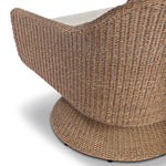 Featuring Koe Ellor Beige Outdoor Chair by Four Hands at Amethyst Home. Bring texture outside. Inspired by the classic tulip shape, this outdoor swivel chair features a sculptural, woven faux hyacinth frame and a deep seat and loose back cushion in 100% olefin, known for its UV-resistant, water-repellent and quick-drying abilities. Cover or store indoors during. Amethyst Home provides interior design, new home construction design consulting, vintage area rugs, and lighting in the Omaha metro area.