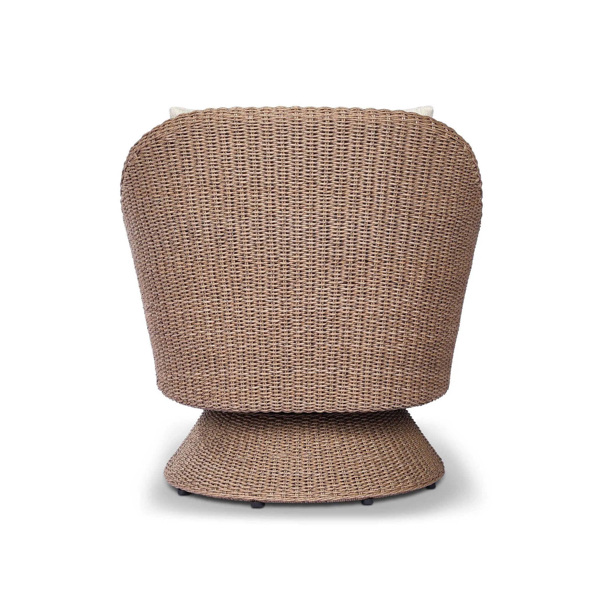 Featuring Koe Ellor Beige Outdoor Chair by Four Hands at Amethyst Home. Bring texture outside. Inspired by the classic tulip shape, this outdoor swivel chair features a sculptural, woven faux hyacinth frame and a deep seat and loose back cushion in 100% olefin, known for its UV-resistant, water-repellent and quick-drying abilities. Cover or store indoors dur. Amethyst Home provides interior design, new home construction design consulting, vintage area rugs, and lighting in the Portland metro area.