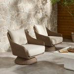 Featuring Koe Ellor Beige Outdoor Chair by Four Hands at Amethyst Home. Bring texture outside. Inspired by the classic tulip shape, this outdoor swivel chair features a sculptural, woven faux hyacinth frame and a deep seat and loose back cushion in 100% olefin, known for its UV-resistant, water-repellent and quick-drying abilities. Cover or store indoors du. Amethyst Home provides interior design, new home construction design consulting, vintage area rugs, and lighting in the San Diego metro area.