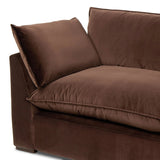 Designed to mimic the casual comfort of a feather duvet, slightly flared arms frame feather-blend cushioning upholstered in a cocoa-colored cotton, for a relaxed look and sink-in feel. Fluff cushions regularly to maintain appearance Amethyst Home provides interior design, new home construction design consulting, vintage area rugs, and lighting in the Kansas City metro area.