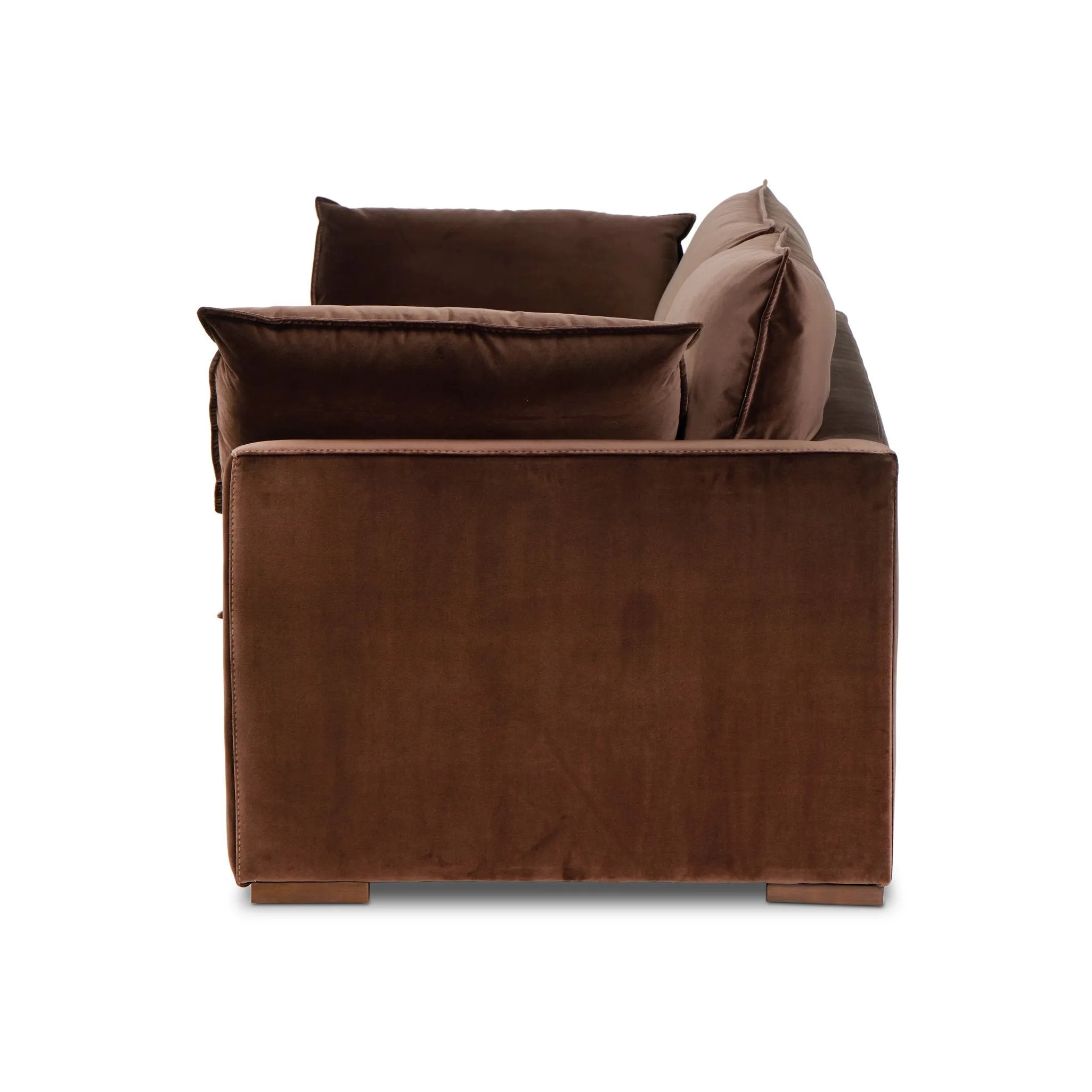 Designed to mimic the casual comfort of a feather duvet, slightly flared arms frame feather-blend cushioning upholstered in a cocoa-colored cotton, for a relaxed look and sink-in feel. Fluff cushions regularly to maintain appearance Amethyst Home provides interior design, new home construction design consulting, vintage area rugs, and lighting in the Monterey metro area.